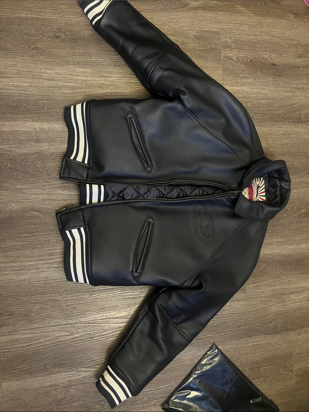Corteiz skydiver Black Varsity-Style Men's Jacket with Stripe Ribbing